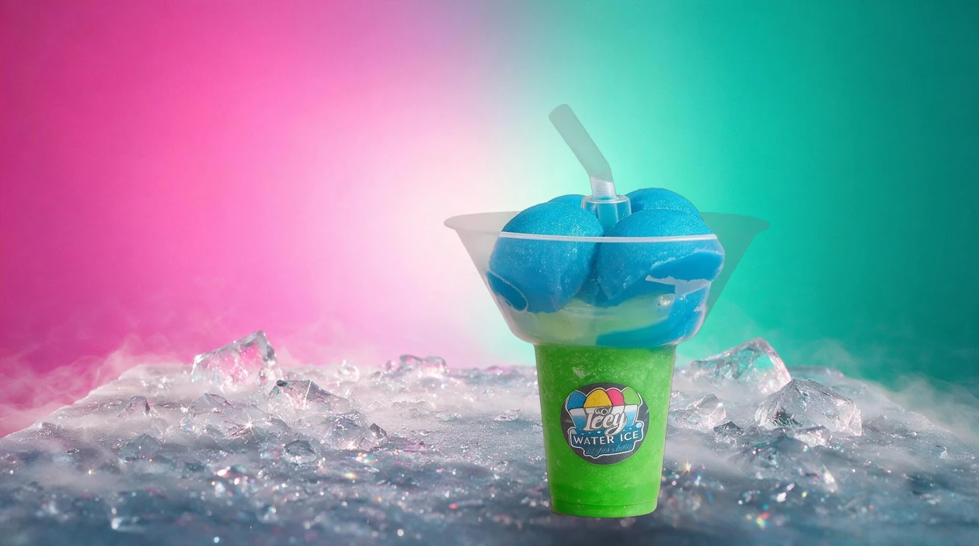 An Icey Stack flare cup, blue scoops over green slushy, on a pale icy ground with sparkle